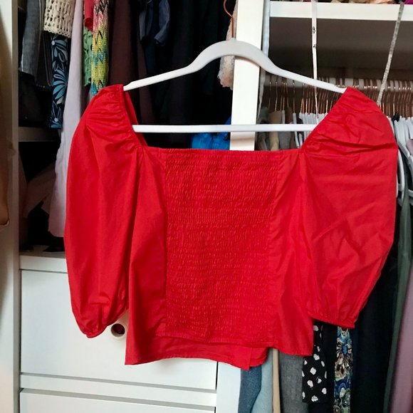 NEW Banana Republic Red Orange Puff Sleeve Cropped Top - Picture 4 of 4